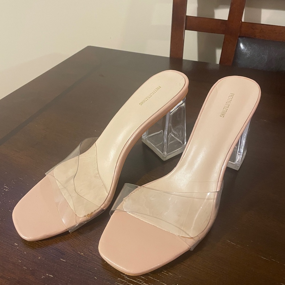 PrettyLittleThing Nude Clear Strap High Clear Block Heel Mules, size 6